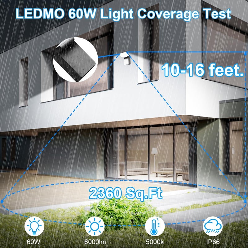 LEDMO 60W LED Outdoor Wall Light 350° Horizontal/180° Vertical LED Exterior Wall Lights Modern Neighbor Friendly Adjustable Exterior Flood Lighting 5000k 6000lm IP66 for Upper Areas Yard Porch - Image 2